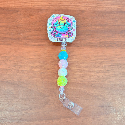 Cancer Zodiac Rhinestone Badge Reel – Acrylic Beaded ID Holder | Swivel Alligator Clip | Retractable Nurse, Teacher & Office Badge Reel