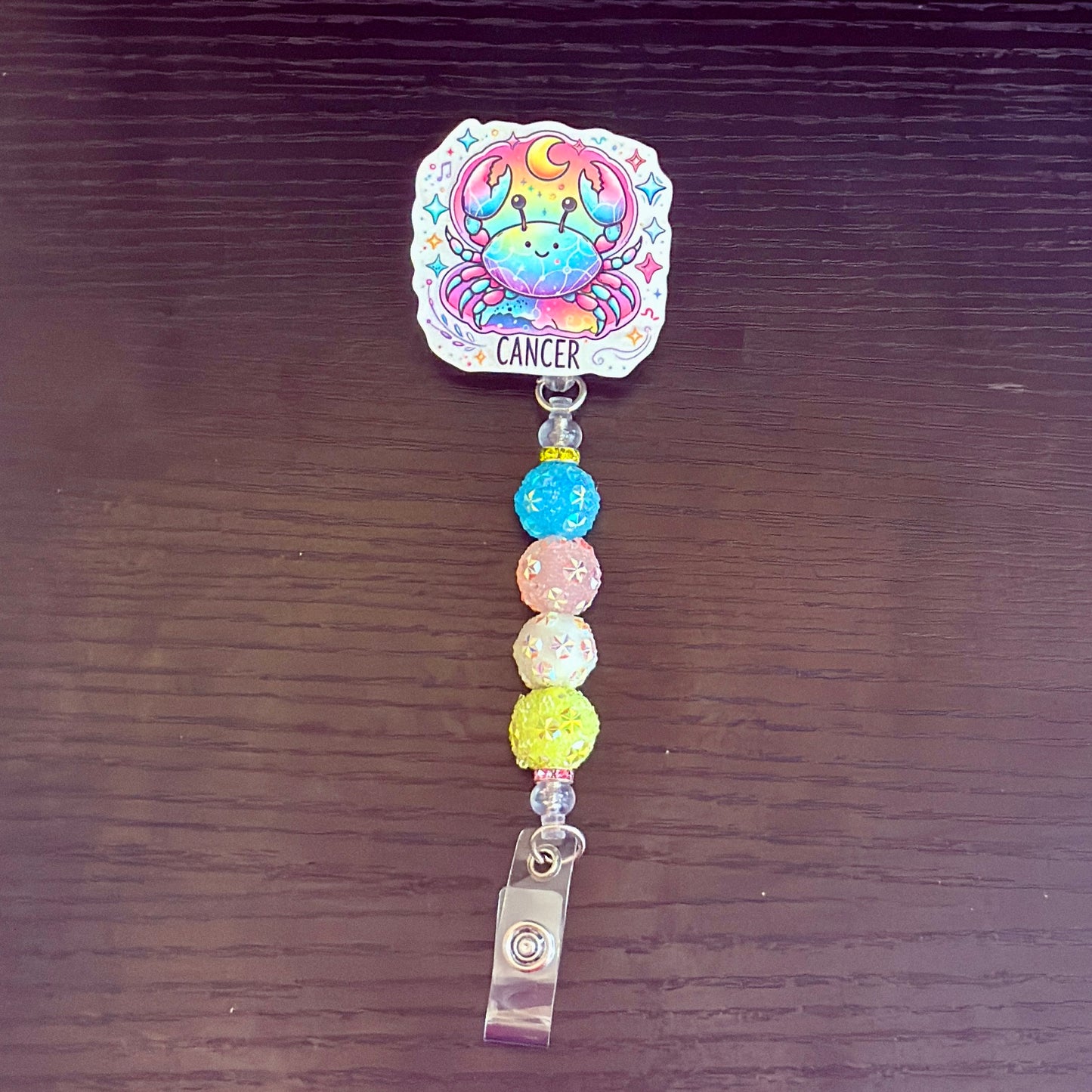Cancer Zodiac Rhinestone Badge Reel – Acrylic Beaded ID Holder | Swivel Alligator Clip | Retractable Nurse, Teacher & Office Badge Reel