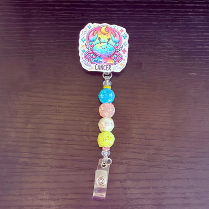 Cancer Zodiac Rhinestone Badge Reel – Acrylic Beaded ID Holder | Swivel Alligator Clip | Retractable Nurse, Teacher & Office Badge Reel