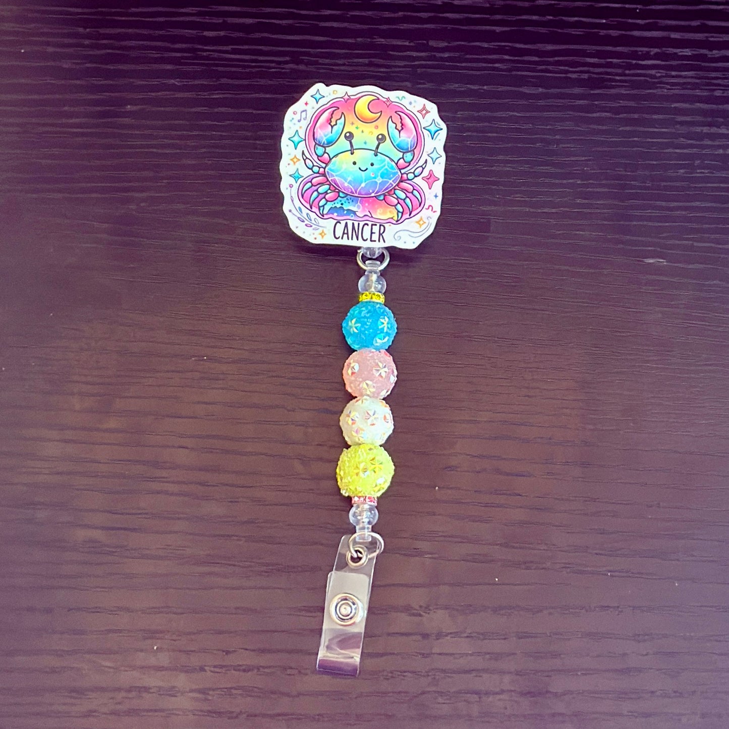 Cancer Zodiac Rhinestone Badge Reel – Acrylic Beaded ID Holder | Swivel Alligator Clip | Retractable Nurse, Teacher & Office Badge Reel