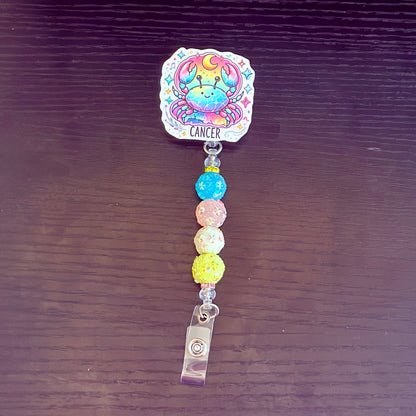 Cancer Zodiac Rhinestone Badge Reel – Acrylic Beaded ID Holder | Swivel Alligator Clip | Retractable Nurse, Teacher & Office Badge Reel