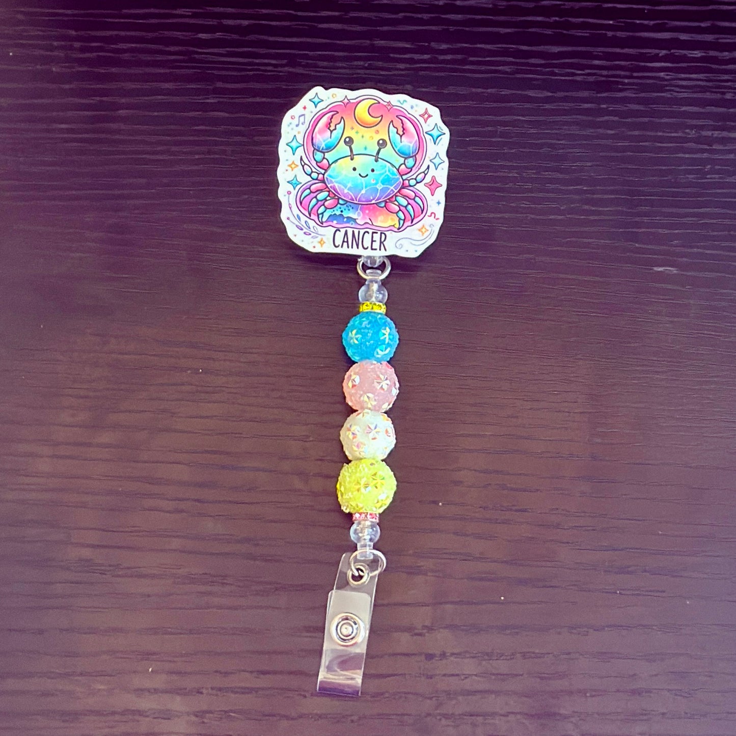Cancer Zodiac Rhinestone Badge Reel – Acrylic Beaded ID Holder | Swivel Alligator Clip | Retractable Nurse, Teacher & Office Badge Reel