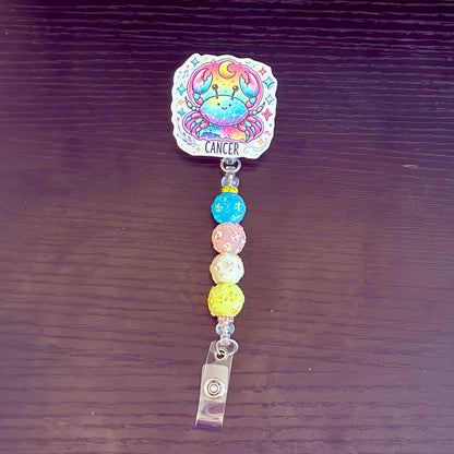 Cancer Zodiac Rhinestone Badge Reel – Acrylic Beaded ID Holder | Swivel Alligator Clip | Retractable Nurse, Teacher & Office Badge Reel