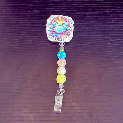Cancer Zodiac Rhinestone Badge Reel – Acrylic Beaded ID Holder | Swivel Alligator Clip | Retractable Nurse, Teacher & Office Badge Reel
