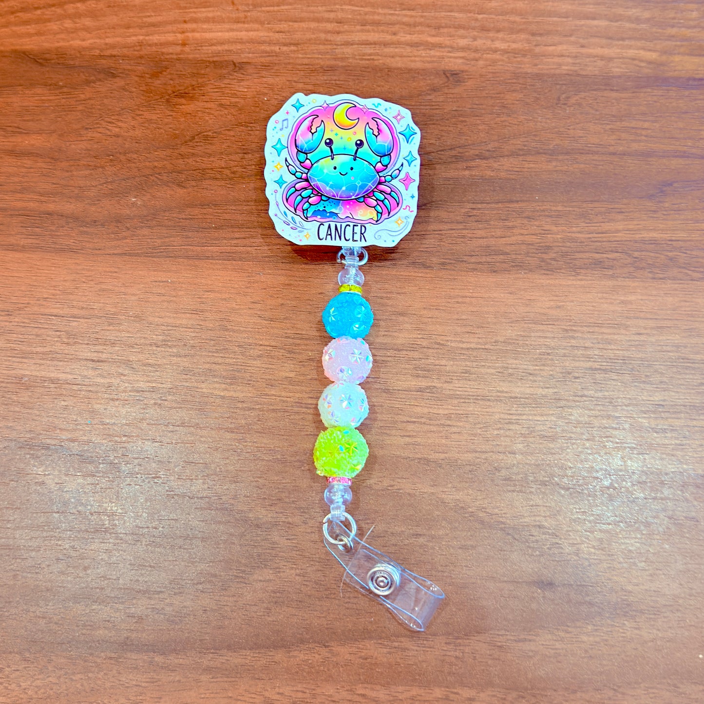 Cancer Zodiac Rhinestone Badge Reel – Acrylic Beaded ID Holder | Swivel Alligator Clip | Retractable Nurse, Teacher & Office Badge Reel