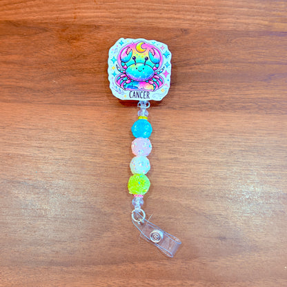 Cancer Zodiac Rhinestone Badge Reel – Acrylic Beaded ID Holder | Swivel Alligator Clip | Retractable Nurse, Teacher & Office Badge Reel