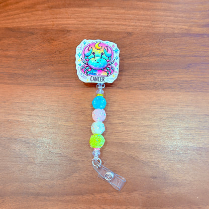 Cancer Zodiac Rhinestone Badge Reel – Acrylic Beaded ID Holder | Swivel Alligator Clip | Retractable Nurse, Teacher & Office Badge Reel