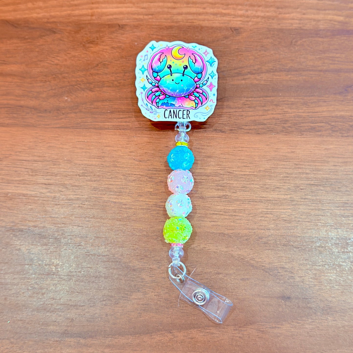 Cancer Zodiac Rhinestone Badge Reel – Acrylic Beaded ID Holder | Swivel Alligator Clip | Retractable Nurse, Teacher & Office Badge Reel