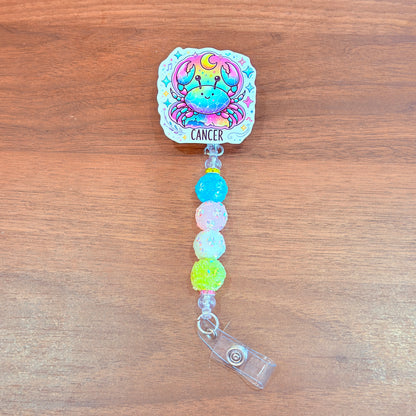 Cancer Zodiac Rhinestone Badge Reel – Acrylic Beaded ID Holder | Swivel Alligator Clip | Retractable Nurse, Teacher & Office Badge Reel