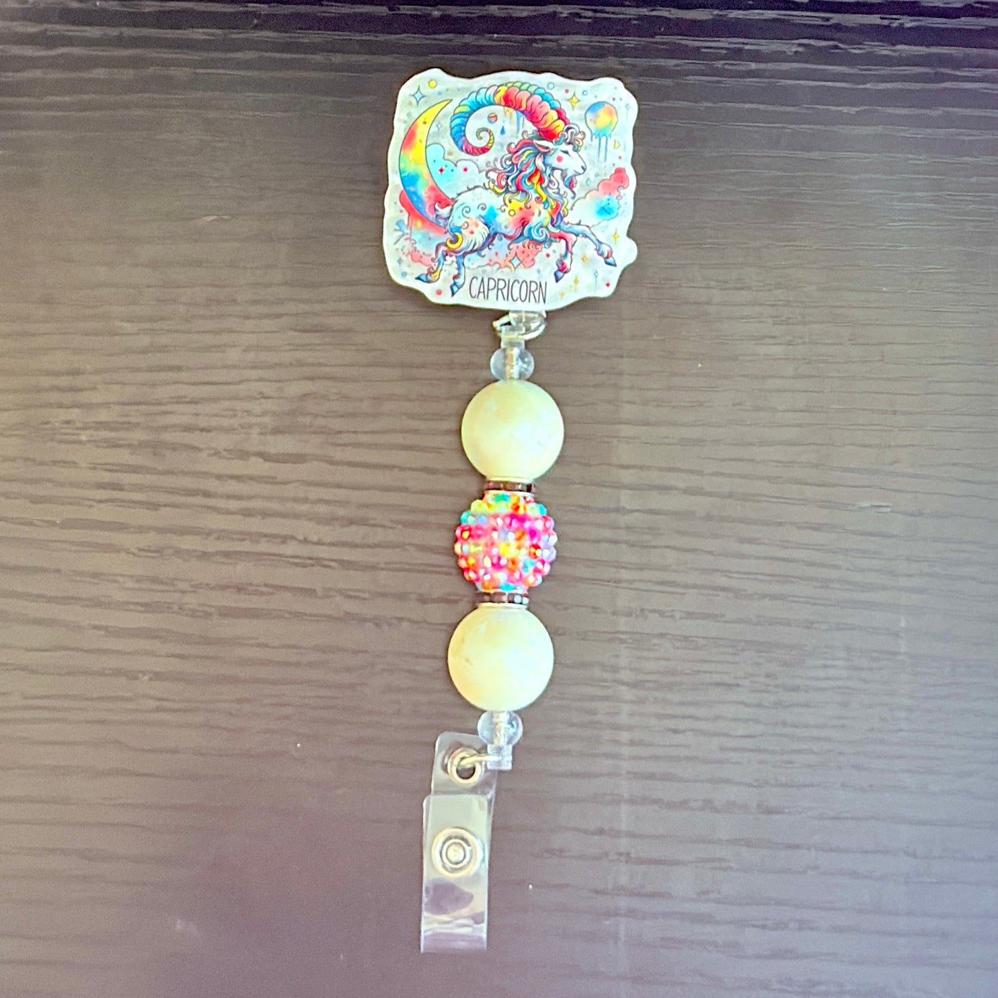 Capricorn Zodiac Rhinestone Badge Reel – Acrylic Beaded ID Holder | Swivel Alligator Clip | Retractable Nurse, Teacher & Office Badge Reel