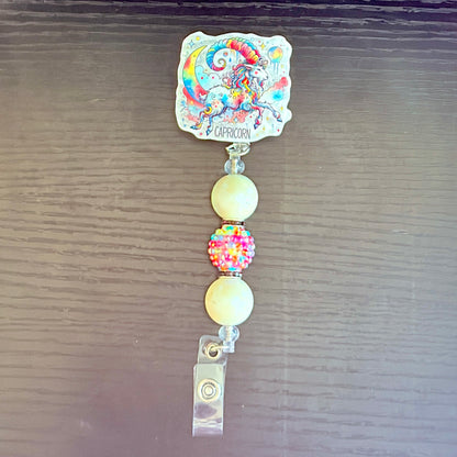 Capricorn Zodiac Rhinestone Badge Reel – Acrylic Beaded ID Holder | Swivel Alligator Clip | Retractable Nurse, Teacher & Office Badge Reel