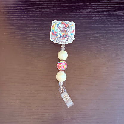 Capricorn Zodiac Rhinestone Badge Reel – Acrylic Beaded ID Holder | Swivel Alligator Clip | Retractable Nurse, Teacher & Office Badge Reel