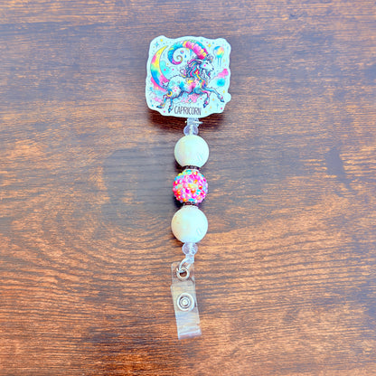 Capricorn Zodiac Rhinestone Badge Reel – Acrylic Beaded ID Holder | Swivel Alligator Clip | Retractable Nurse, Teacher & Office Badge Reel