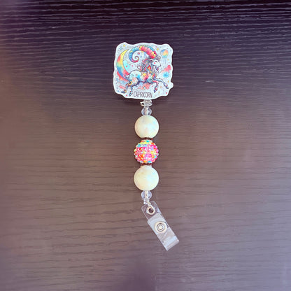 Capricorn Zodiac Rhinestone Badge Reel – Acrylic Beaded ID Holder | Swivel Alligator Clip | Retractable Nurse, Teacher & Office Badge Reel