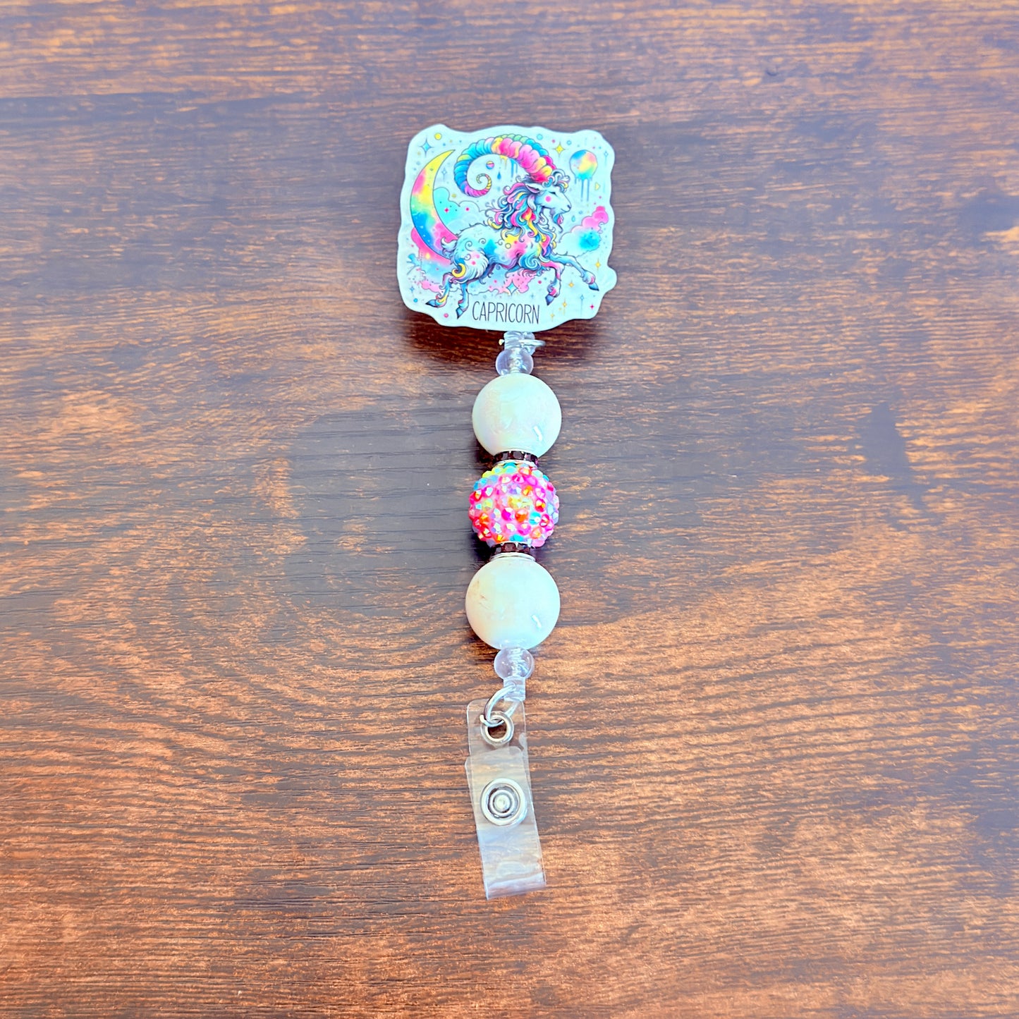 Capricorn Zodiac Rhinestone Badge Reel – Acrylic Beaded ID Holder | Swivel Alligator Clip | Retractable Nurse, Teacher & Office Badge Reel