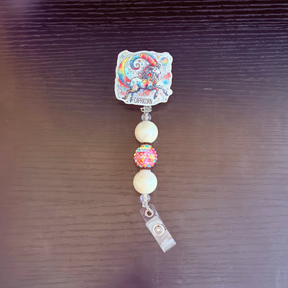 Capricorn Zodiac Rhinestone Badge Reel – Acrylic Beaded ID Holder | Swivel Alligator Clip | Retractable Nurse, Teacher & Office Badge Reel