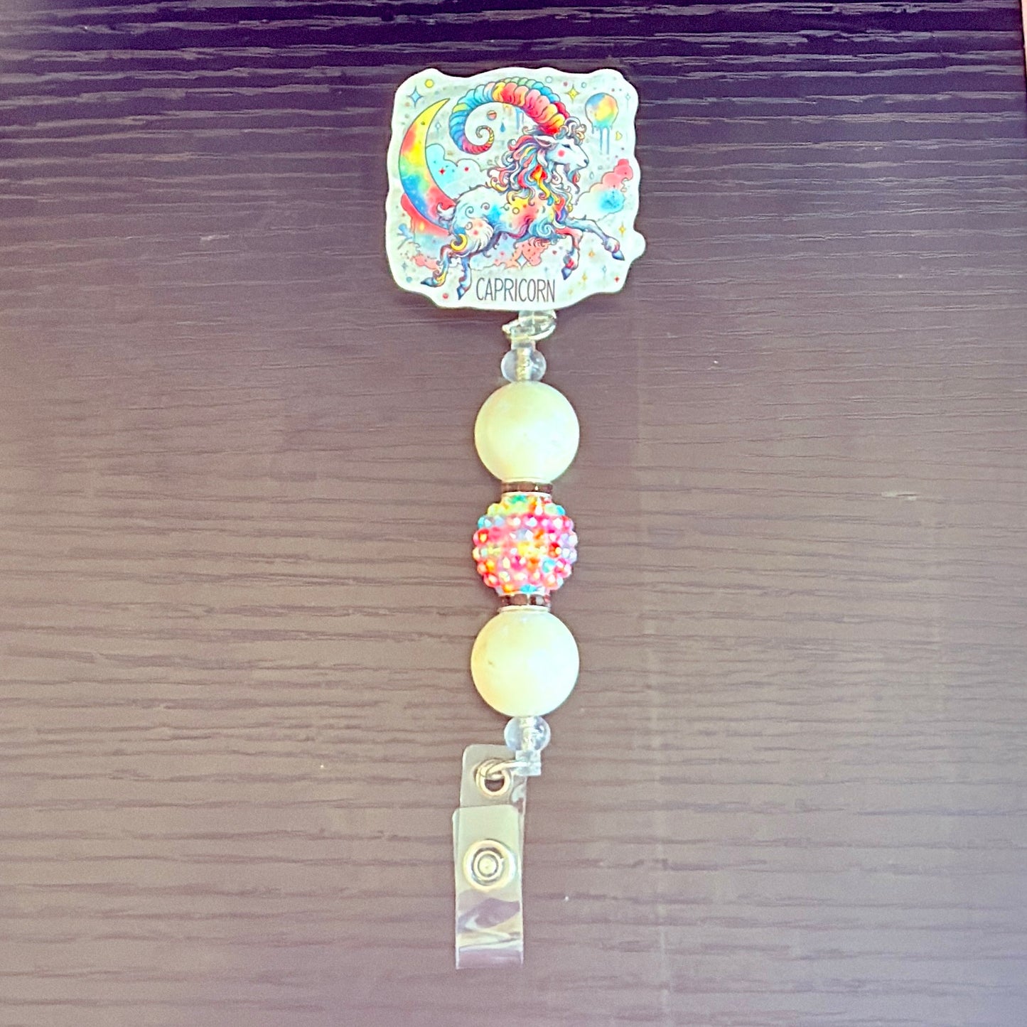 Capricorn Zodiac Rhinestone Badge Reel – Acrylic Beaded ID Holder | Swivel Alligator Clip | Retractable Nurse, Teacher & Office Badge Reel