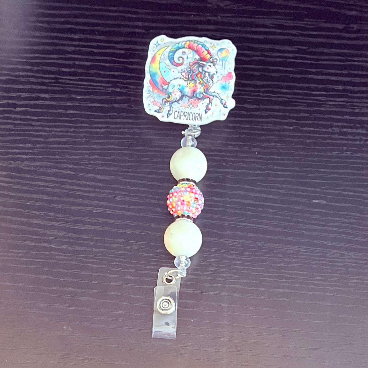 Capricorn Zodiac Rhinestone Badge Reel – Acrylic Beaded ID Holder | Swivel Alligator Clip | Retractable Nurse, Teacher & Office Badge Reel
