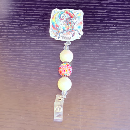 Capricorn Zodiac Rhinestone Badge Reel – Acrylic Beaded ID Holder | Swivel Alligator Clip | Retractable Nurse, Teacher & Office Badge Reel