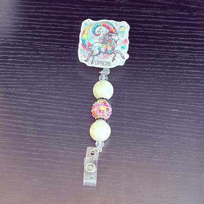 Capricorn Zodiac Rhinestone Badge Reel – Acrylic Beaded ID Holder | Swivel Alligator Clip | Retractable Nurse, Teacher & Office Badge Reel