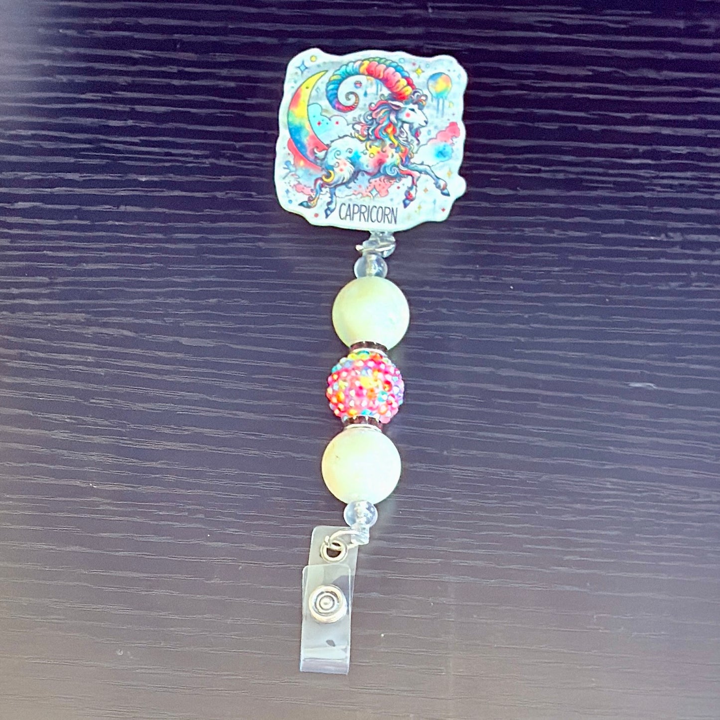 Capricorn Zodiac Rhinestone Badge Reel – Acrylic Beaded ID Holder | Swivel Alligator Clip | Retractable Nurse, Teacher & Office Badge Reel