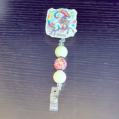 Capricorn Zodiac Rhinestone Badge Reel – Acrylic Beaded ID Holder | Swivel Alligator Clip | Retractable Nurse, Teacher & Office Badge Reel