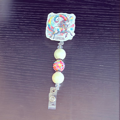 Capricorn Zodiac Rhinestone Badge Reel – Acrylic Beaded ID Holder | Swivel Alligator Clip | Retractable Nurse, Teacher & Office Badge Reel