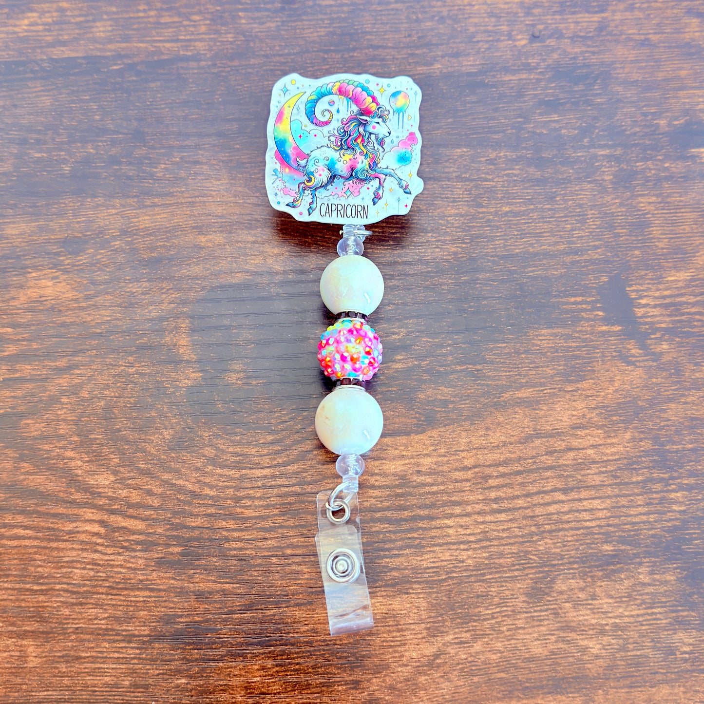 Capricorn Zodiac Rhinestone Badge Reel – Acrylic Beaded ID Holder | Swivel Alligator Clip | Retractable Nurse, Teacher & Office Badge Reel