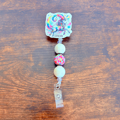 Capricorn Zodiac Rhinestone Badge Reel – Acrylic Beaded ID Holder | Swivel Alligator Clip | Retractable Nurse, Teacher & Office Badge Reel