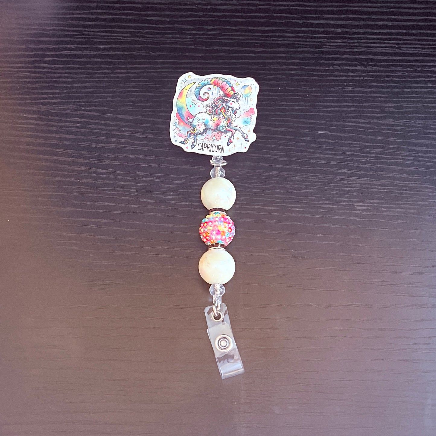 Capricorn Zodiac Rhinestone Badge Reel – Acrylic Beaded ID Holder | Swivel Alligator Clip | Retractable Nurse, Teacher & Office Badge Reel