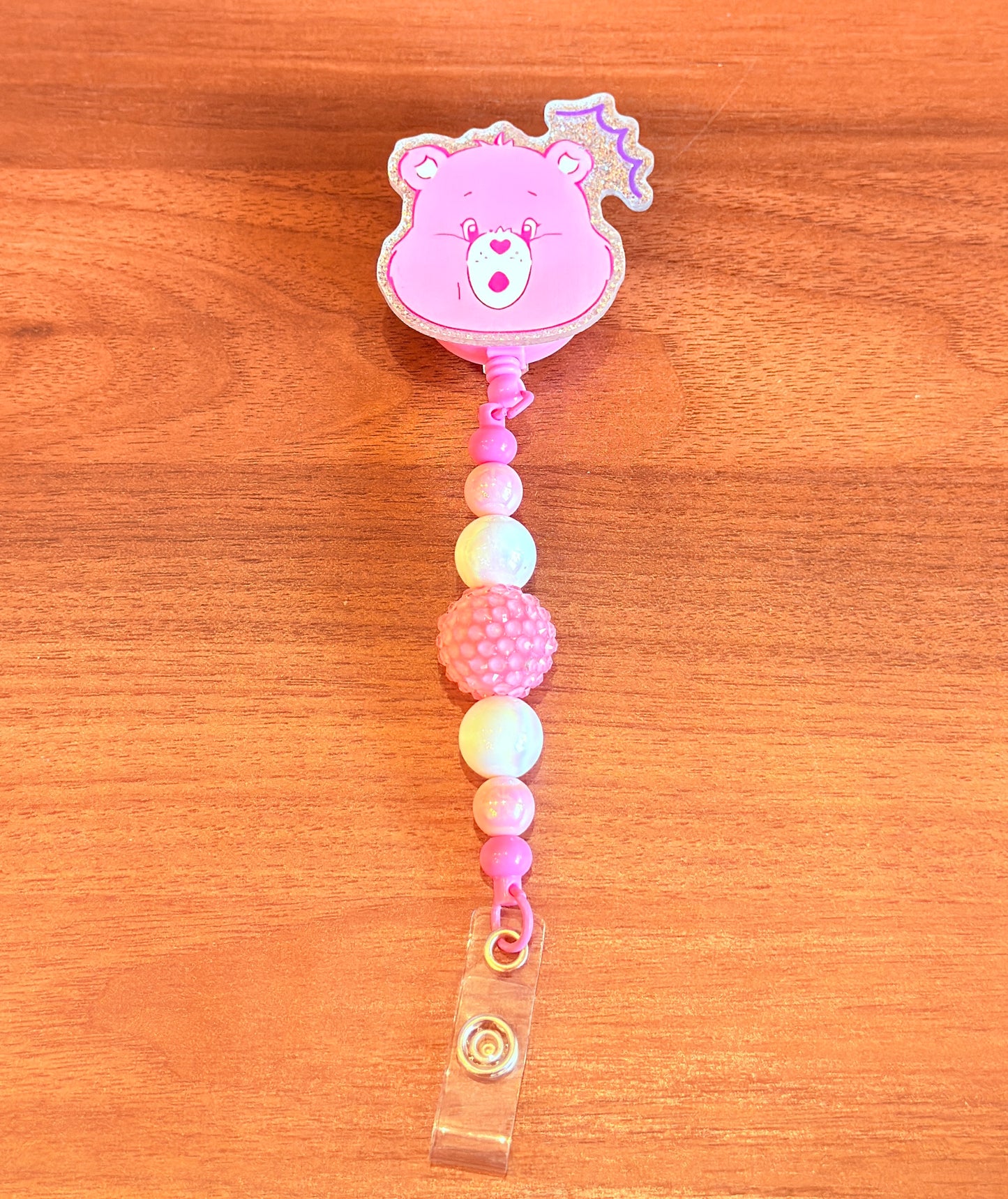 Pink - Cute Bear Badge Reel, Interchangeable Beaded Badge Reel, Emotional Support Bear ID Holder, Rhinestone Acrylic Badge Clip, Nurse Teacher Gift