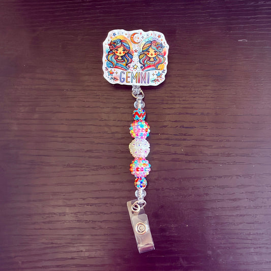 Gemini Zodiac Rhinestone Badge Reel – Acrylic Beaded ID Holder | Swivel Alligator Clip | Retractable Nurse, Teacher & Office Badge Reel