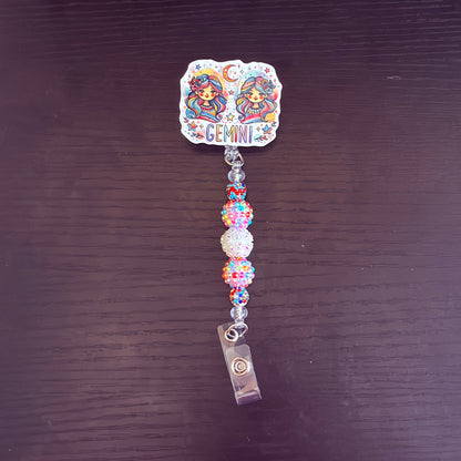 Gemini Zodiac Rhinestone Badge Reel – Acrylic Beaded ID Holder | Swivel Alligator Clip | Retractable Nurse, Teacher & Office Badge Reel