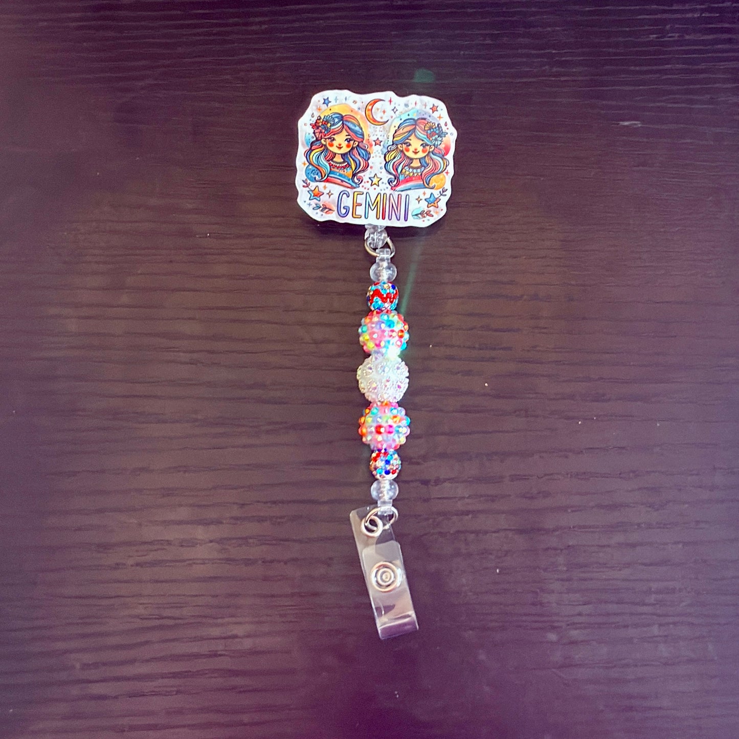 Gemini Zodiac Rhinestone Badge Reel – Acrylic Beaded ID Holder | Swivel Alligator Clip | Retractable Nurse, Teacher & Office Badge Reel