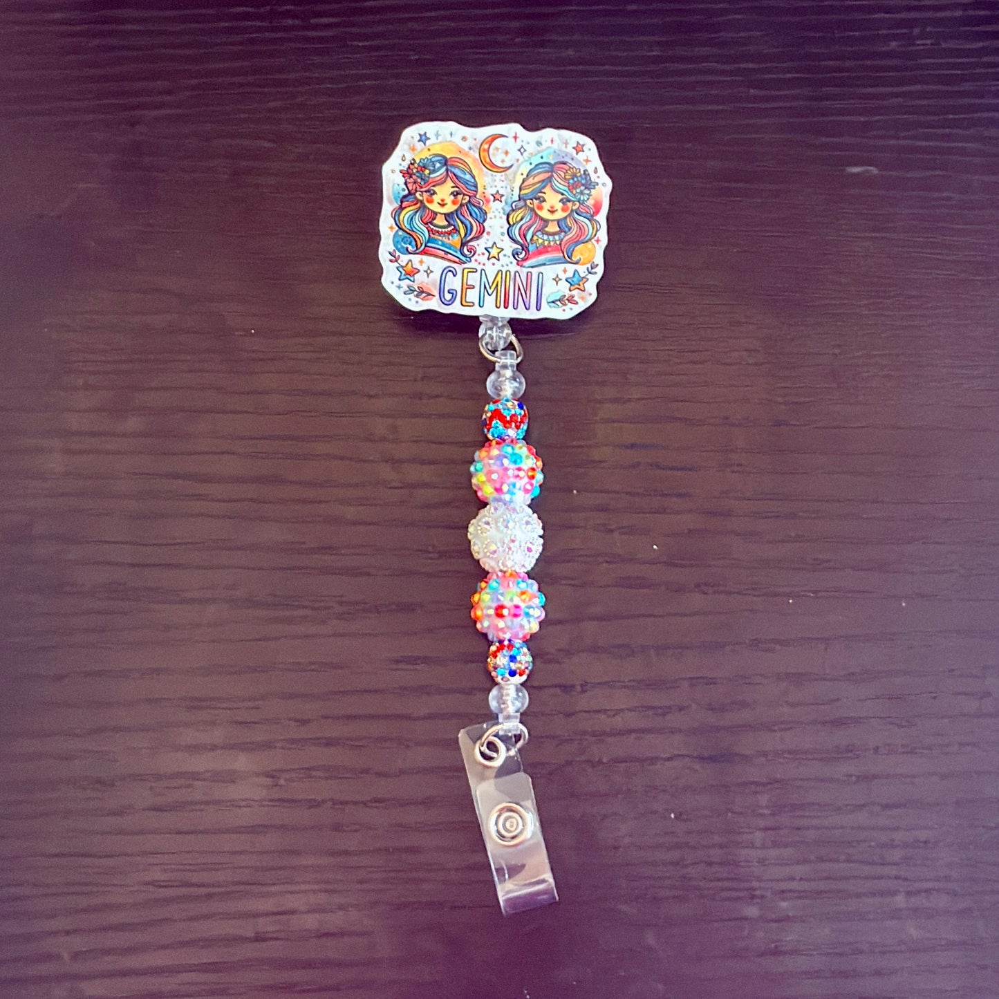 Gemini Zodiac Rhinestone Badge Reel – Acrylic Beaded ID Holder | Swivel Alligator Clip | Retractable Nurse, Teacher & Office Badge Reel