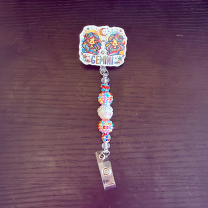 Gemini Zodiac Rhinestone Badge Reel – Acrylic Beaded ID Holder | Swivel Alligator Clip | Retractable Nurse, Teacher & Office Badge Reel