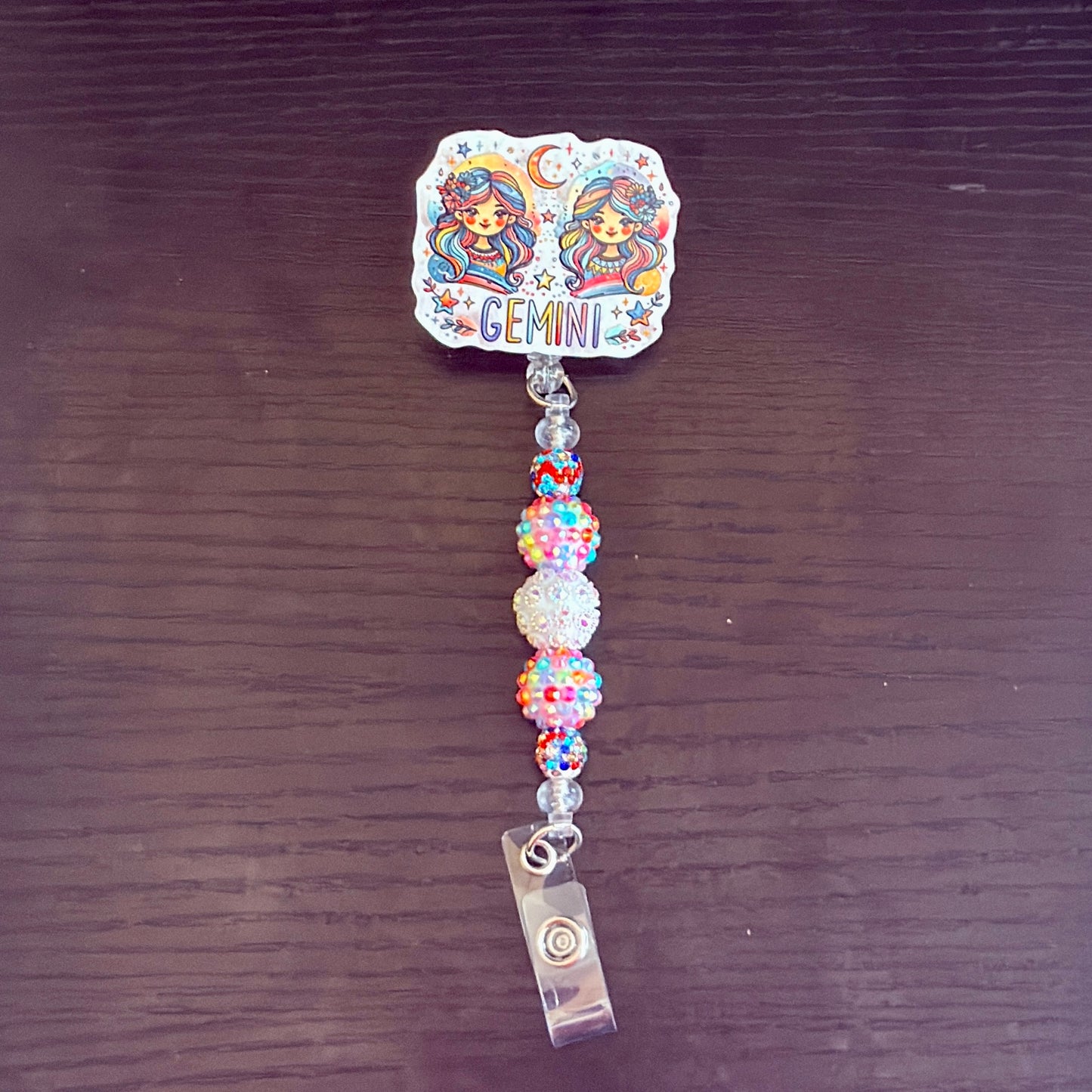 Gemini Zodiac Rhinestone Badge Reel – Acrylic Beaded ID Holder | Swivel Alligator Clip | Retractable Nurse, Teacher & Office Badge Reel