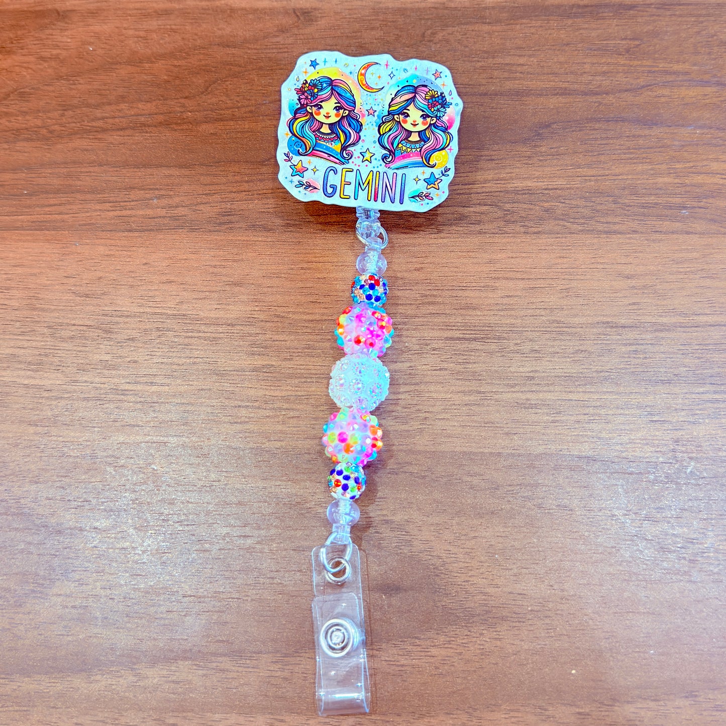 Gemini Zodiac Rhinestone Badge Reel – Acrylic Beaded ID Holder | Swivel Alligator Clip | Retractable Nurse, Teacher & Office Badge Reel