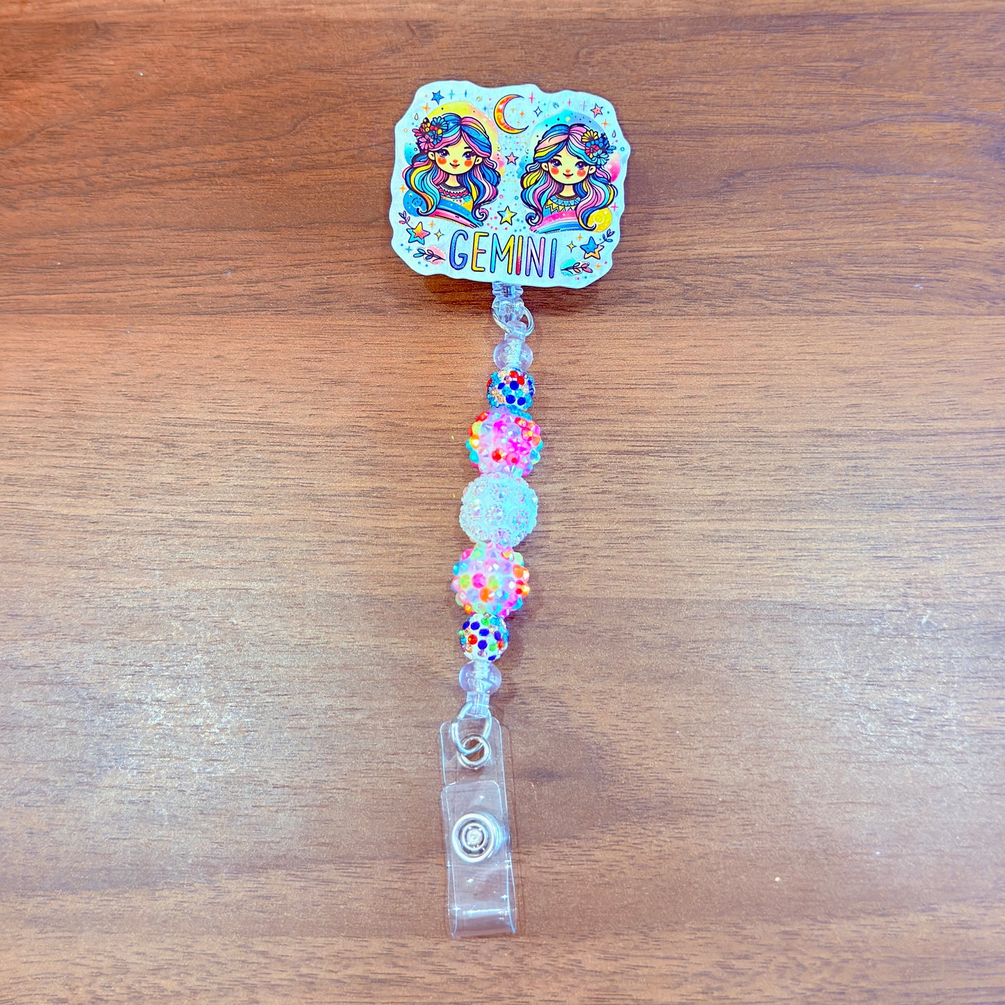 Gemini Zodiac Rhinestone Badge Reel – Acrylic Beaded ID Holder | Swivel Alligator Clip | Retractable Nurse, Teacher & Office Badge Reel