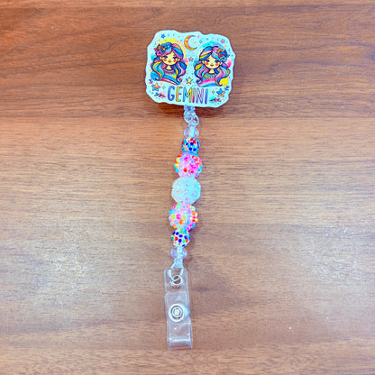 Gemini Zodiac Rhinestone Badge Reel – Acrylic Beaded ID Holder | Swivel Alligator Clip | Retractable Nurse, Teacher & Office Badge Reel