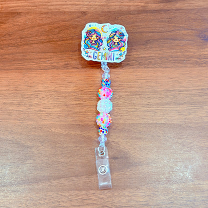 Gemini Zodiac Rhinestone Badge Reel – Acrylic Beaded ID Holder | Swivel Alligator Clip | Retractable Nurse, Teacher & Office Badge Reel