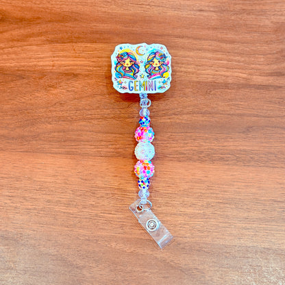 Gemini Zodiac Rhinestone Badge Reel – Acrylic Beaded ID Holder | Swivel Alligator Clip | Retractable Nurse, Teacher & Office Badge Reel