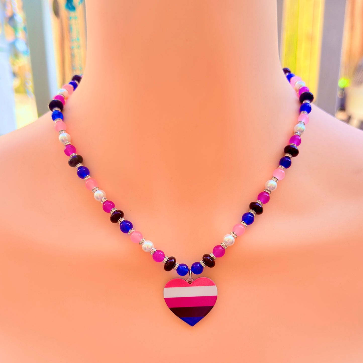 Genderfluid Pride Heart Pendant - Gemstone Beaded Necklace