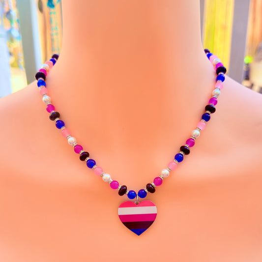 Genderfluid Pride Heart Pendant - Gemstone Beaded Necklace