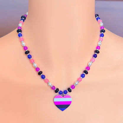 Genderfluid Pride Heart Pendant - Gemstone Beaded Necklace