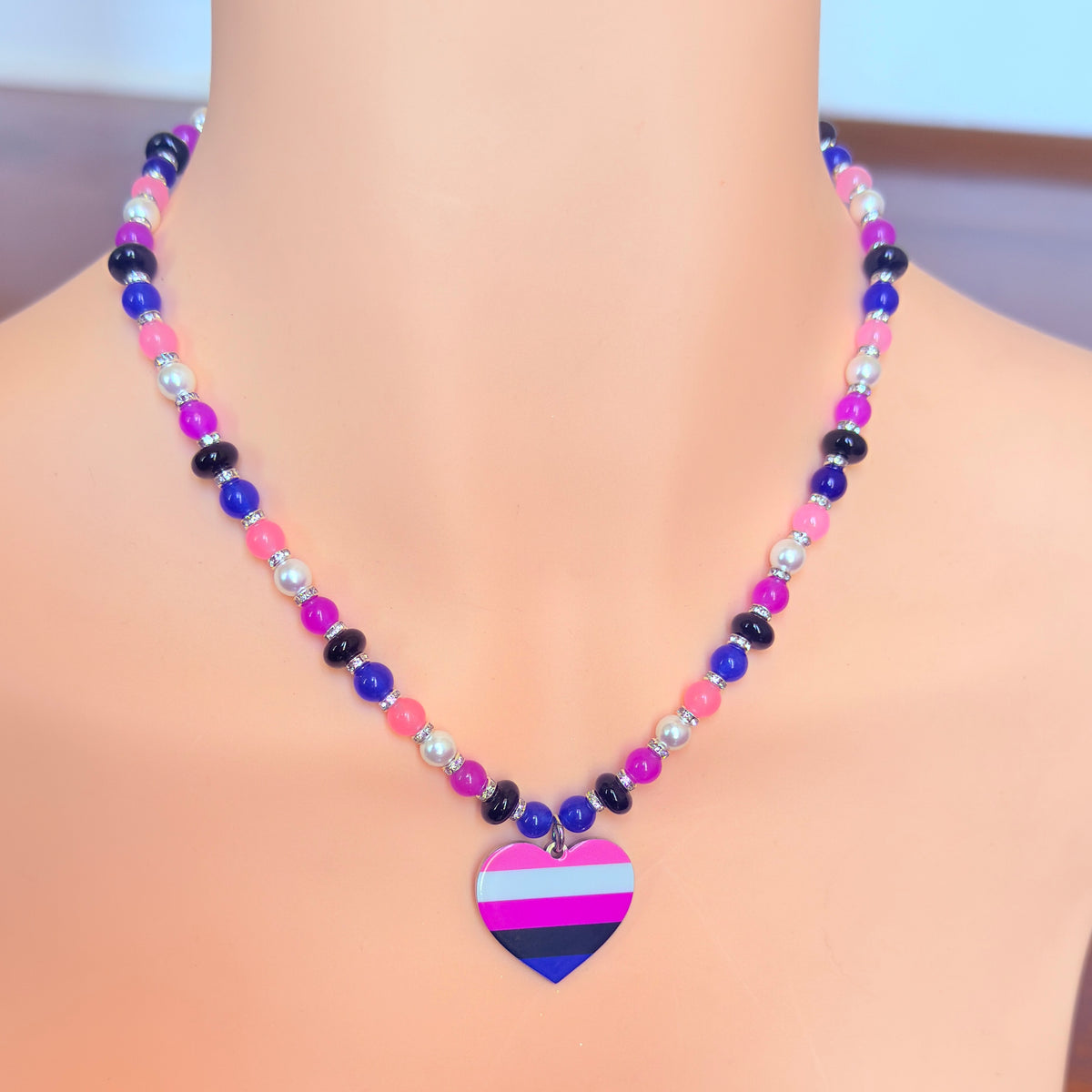 Genderfluid Pride Heart Pendant - Gemstone Beaded Necklace