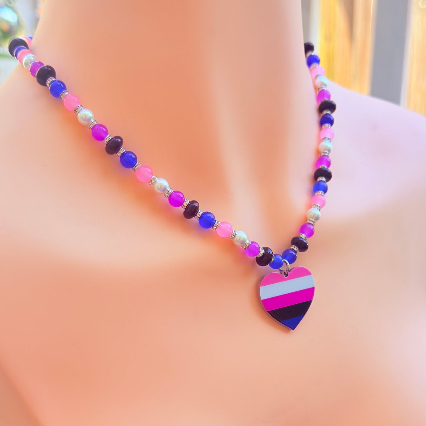 Genderfluid Pride Heart Pendant - Gemstone Beaded Necklace