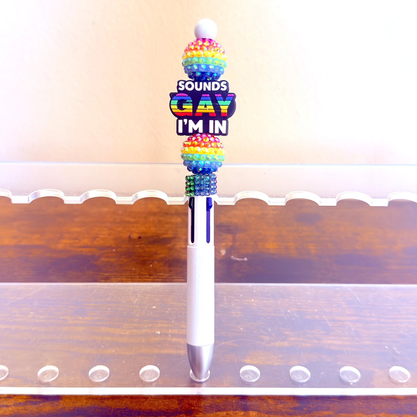 "Gay. I'm in." Beaded Rainbow Pride Pen