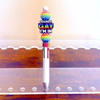 "Gay. I'm in." Beaded Rainbow Pride Pen