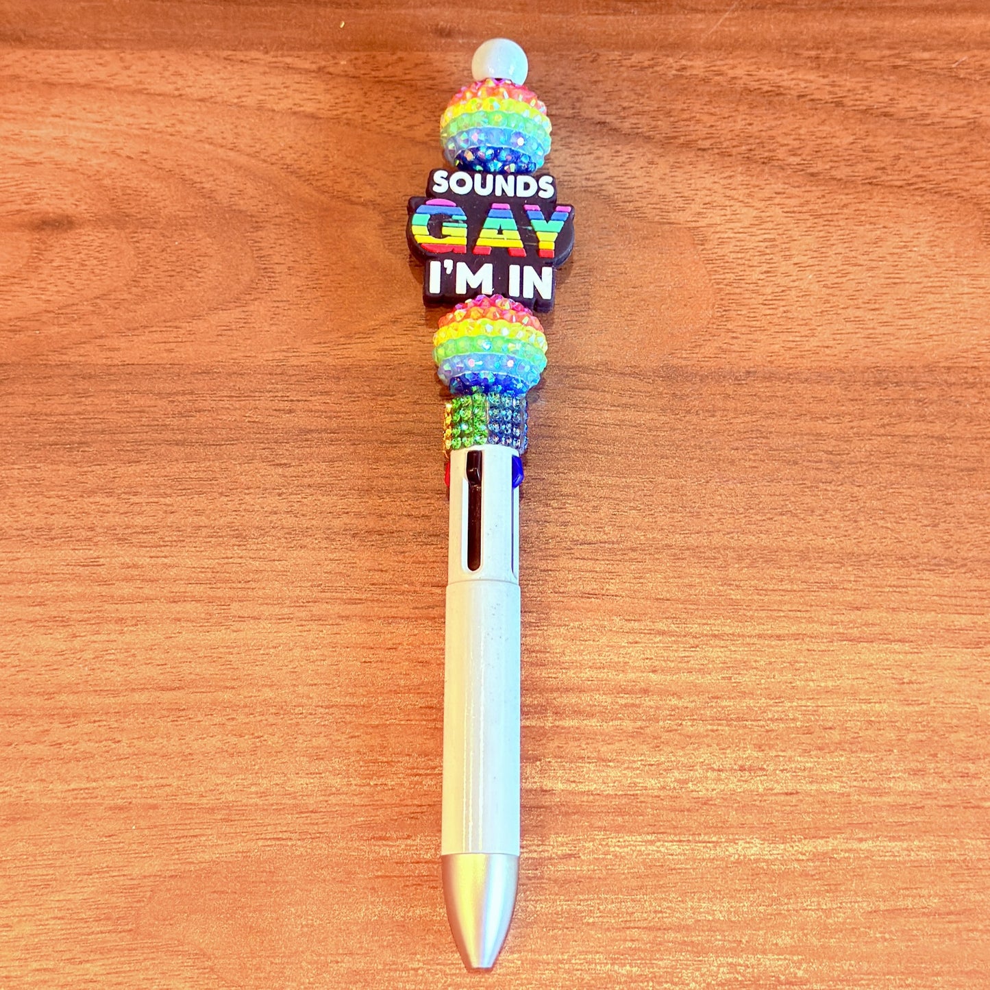"Gay. I'm in." Beaded Rainbow Pride Pen